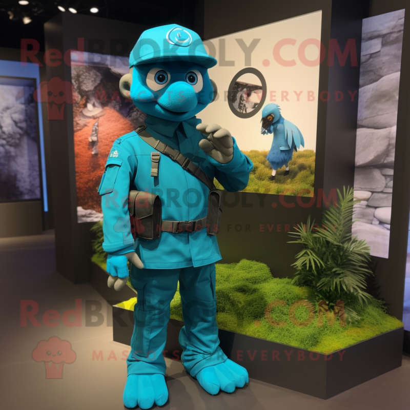 Cyan Para Commando mascot costume character dressed with a Chinos and Rings