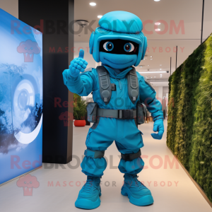 Cyan Para Commando mascot costume character dressed with a Chinos and Rings