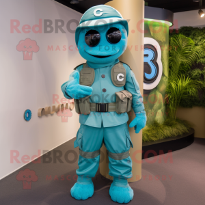 Cyan Para Commando mascot costume character dressed with a Chinos and Rings