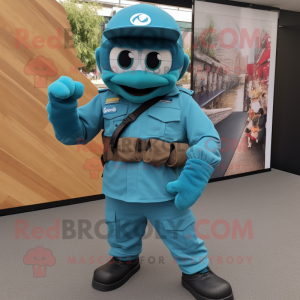 Cyan Para Commando mascot costume character dressed with a Chinos and Rings