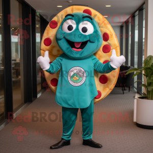 Teal Pizza Slice mascot costume character dressed with a Henley Tee and Cummerbunds