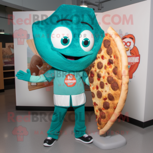 Teal Pizza Slice mascot costume character dressed with a Henley Tee and Cummerbunds