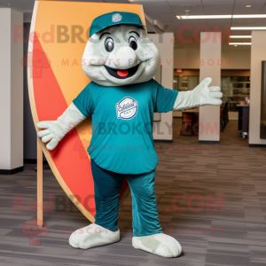 Teal Pizza Slice mascot costume character dressed with a Henley Tee and Cummerbunds