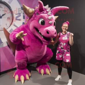 Magenta Triceratops mascot costume character dressed with a Shift Dress and Watches