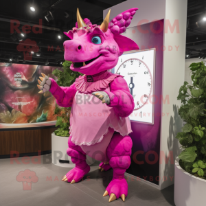 Magenta Triceratops mascot costume character dressed with a Shift Dress and Watches