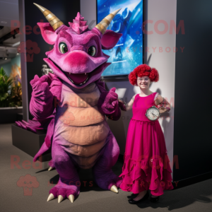 Magenta Triceratops mascot costume character dressed with a Shift Dress and Watches