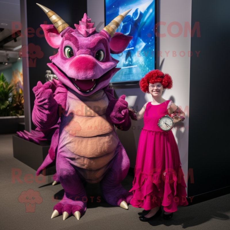 Magenta Triceratops mascot costume character dressed with a Shift Dress and Watches