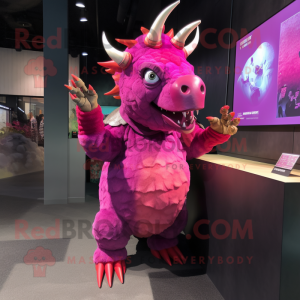 Magenta Triceratops mascot costume character dressed with a Shift Dress and Watches