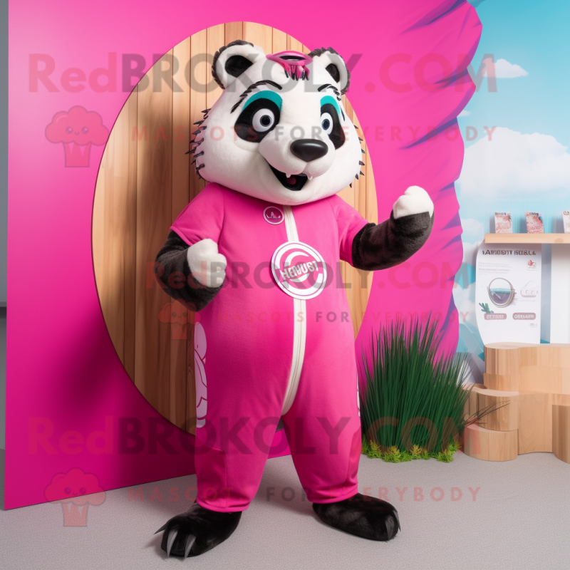 Pink Badger mascot costume character dressed with a Swimwear and Watches