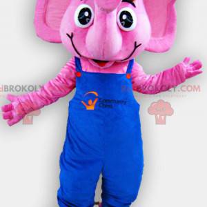 Mascote elefante rosa com macacão azul - Redbrokoly.com