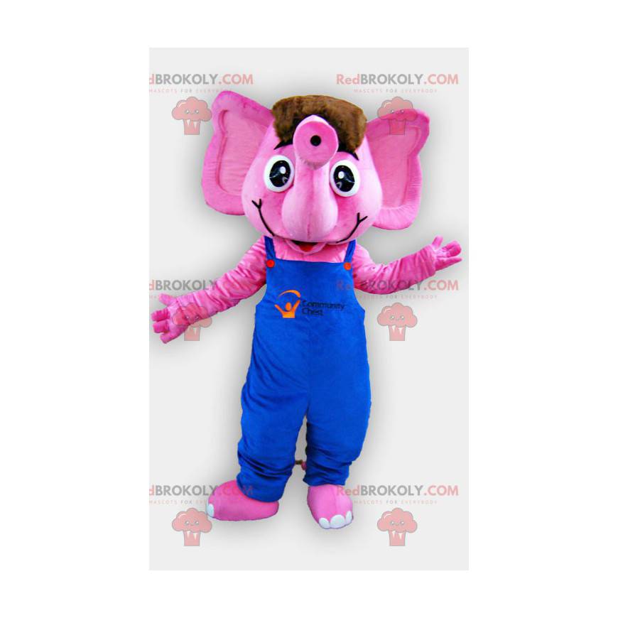 Mascotte d'éléphant rose avec une salopette bleue -