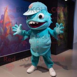 Turquoise Ceviche mascot costume character dressed with a Bermuda Shorts and Caps