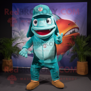 Turquoise Ceviche mascot costume character dressed with a Bermuda Shorts and Caps