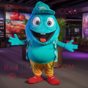 Turquoise Ceviche mascot costume character dressed with a Bermuda Shorts and Caps