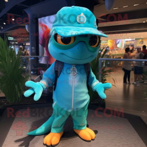 Turquoise Ceviche mascot costume character dressed with a Bermuda Shorts and Caps