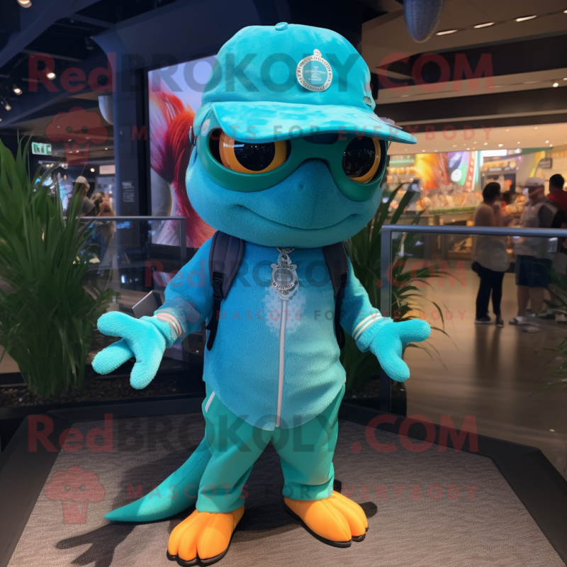 Turquoise Ceviche mascot costume character dressed with a Bermuda Shorts and Caps Turquoise Ceviche mascot costume character dressed with a Bermuda Shorts and Caps