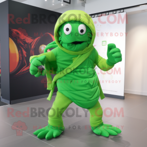 Lime Green Medusa mascot costume character dressed with a Hoodie and Belts