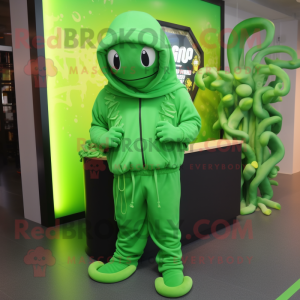 Lime Green Medusa mascot costume character dressed with a Hoodie and Belts