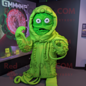 Lime Green Medusa mascot costume character dressed with a Hoodie and Belts
