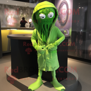 Lime Green Medusa mascot costume character dressed with a Hoodie and Belts