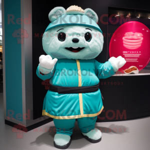 Teal Dim Sum mascot costume character dressed with a Graphic Tee and Mittens