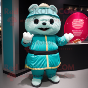 Teal Dim Sum mascot costume character dressed with a Graphic Tee and Mittens