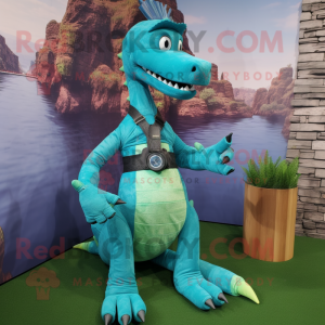 Turquoise Loch Ness Monster mascot costume character dressed with a Bootcut Jeans and Bracelet watches