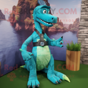 Turquoise Loch Ness Monster mascot costume character dressed with a Bootcut Jeans and Bracelet watches