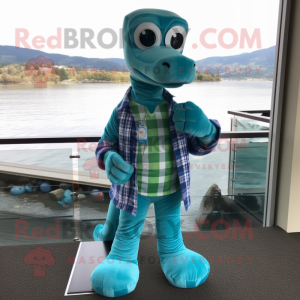 Turquoise Loch Ness Monster mascot costume character dressed with a Bootcut Jeans and Bracelet watches
