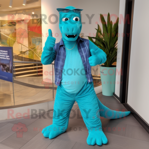 Turquoise Loch Ness Monster mascot costume character dressed with a Bootcut Jeans and Bracelet watches