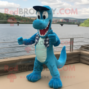 Turquoise Loch Ness Monster mascot costume character dressed with a Bootcut Jeans and Bracelet watches