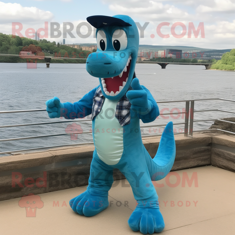 Turquoise Loch Ness Monster mascot costume character dressed with a Bootcut Jeans and Bracelet watches Turquoise Loch Ness Monster mascot costume character dressed with a Bootcut Jeans and Bracelet watches