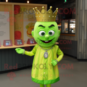 Lime Green Queen mascot costume character dressed with a Button-Up Shirt and Bracelet watches