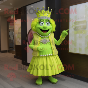 Lime Green Queen mascot costume character dressed with a Button-Up Shirt and Bracelet watches