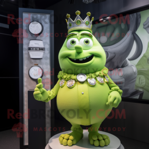 Lime Green Queen mascot costume character dressed with a Button-Up Shirt and Bracelet watches