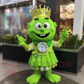 Lime Green Queen mascot costume character dressed with a Button-Up Shirt and Bracelet watches