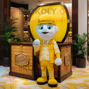 Lemon Yellow Treasure Chest mascot costume character dressed with a Polo Tee and Hats