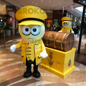 Lemon Yellow Treasure Chest mascot costume character dressed with a Polo Tee and Hats