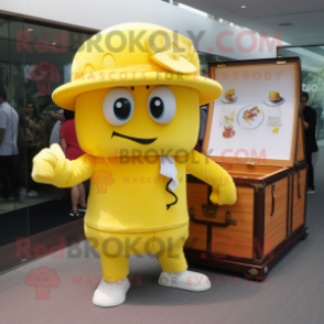 Lemon Yellow Treasure Chest mascot costume character dressed with a Polo Tee and Hats