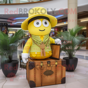 Lemon Yellow Treasure Chest mascot costume character dressed with a Polo Tee and Hats