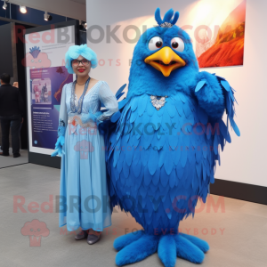Blue Fried Chicken mascot costume character dressed with a Maxi Dress and Brooches
