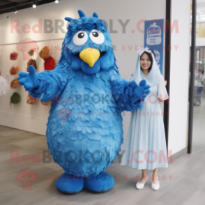 Blue Fried Chicken mascot costume character dressed with a Maxi Dress and Brooches