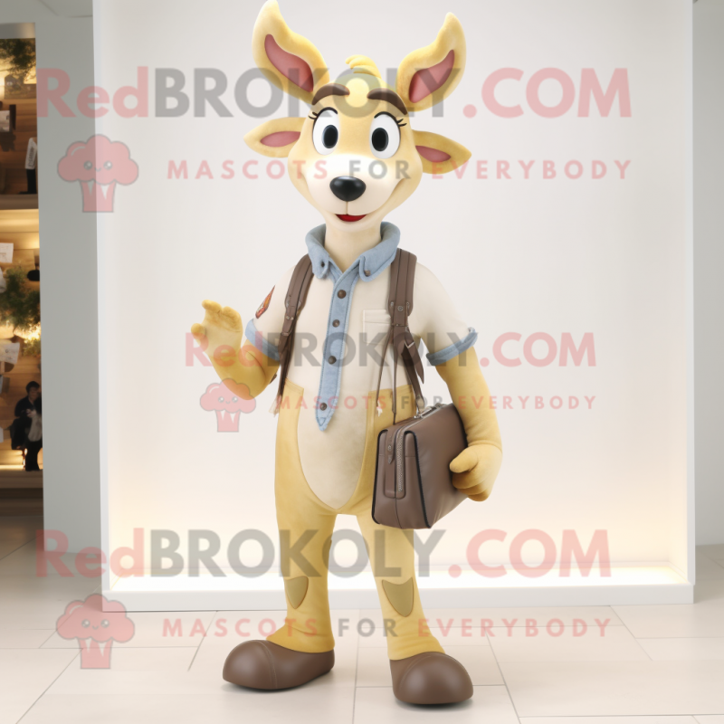 Cream Deer mascot costume character dressed with a Flare Jeans and Clutch bags