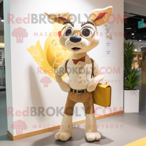 Cream Deer mascot costume character dressed with a Flare Jeans and Clutch bags