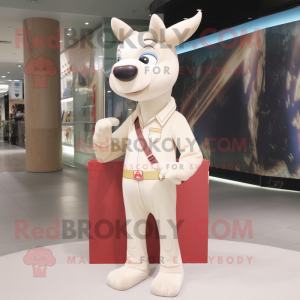 Cream Deer mascot costume character dressed with a Flare Jeans and Clutch bags