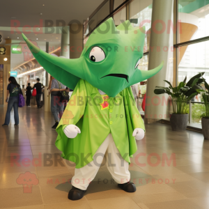 Lime Green Manta Ray mascot costume character dressed with a Poplin Shirt and Berets