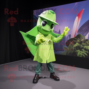 Lime Green Manta Ray mascot costume character dressed with a Poplin Shirt and Berets