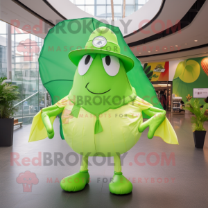 Lime Green Manta Ray mascot costume character dressed with a Poplin Shirt and Berets