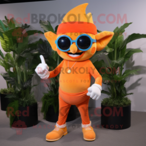 Orange Elf mascot costume character dressed with a Jeans and Sunglasses