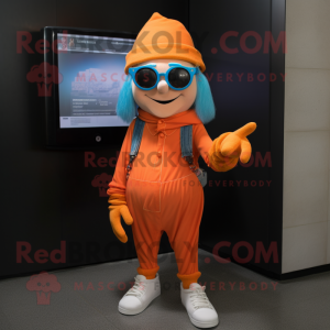Orange Elf mascot costume character dressed with a Jeans and Sunglasses
